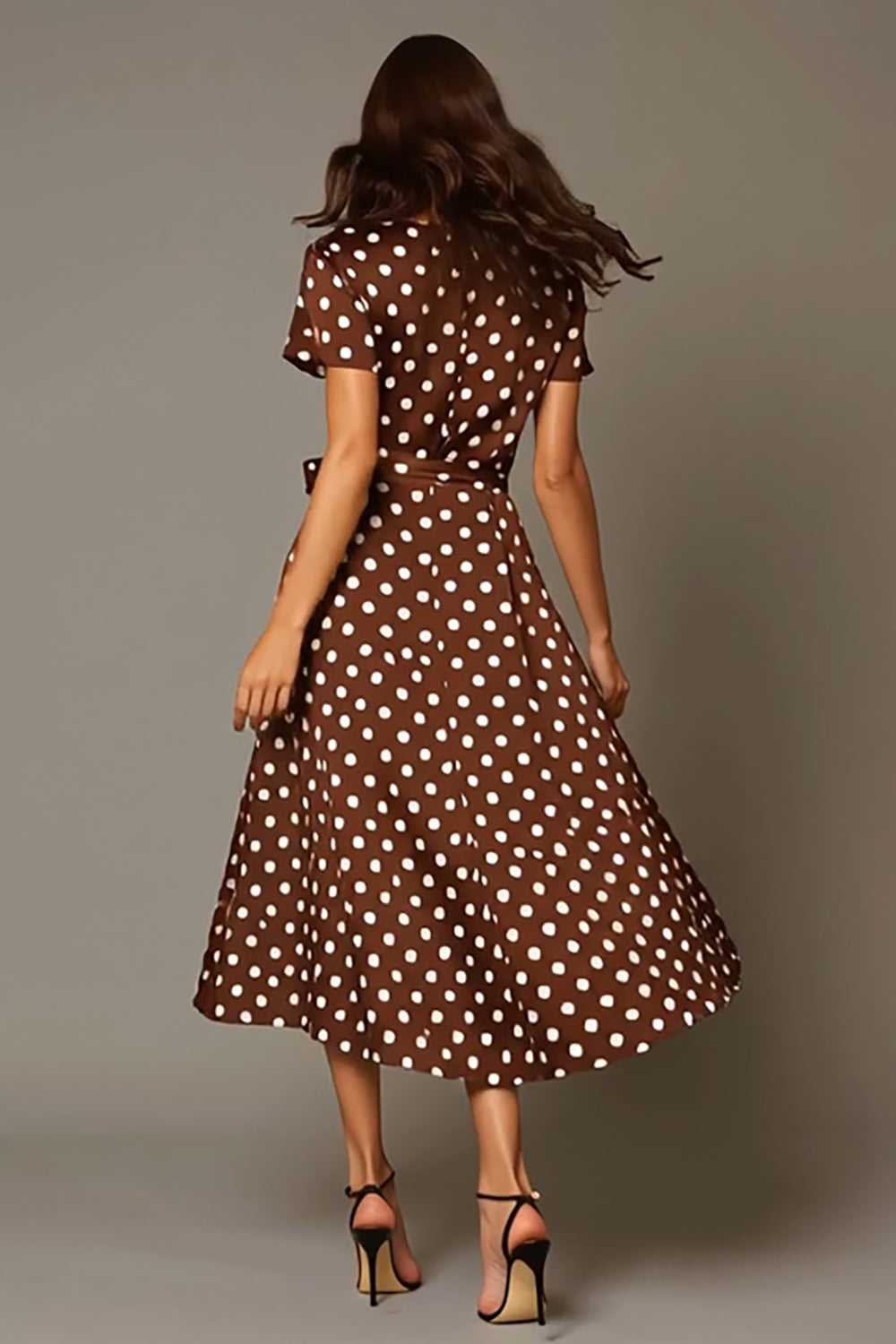Brown Satin V-Neck A-Line Long Polka Dots Dress with Sash