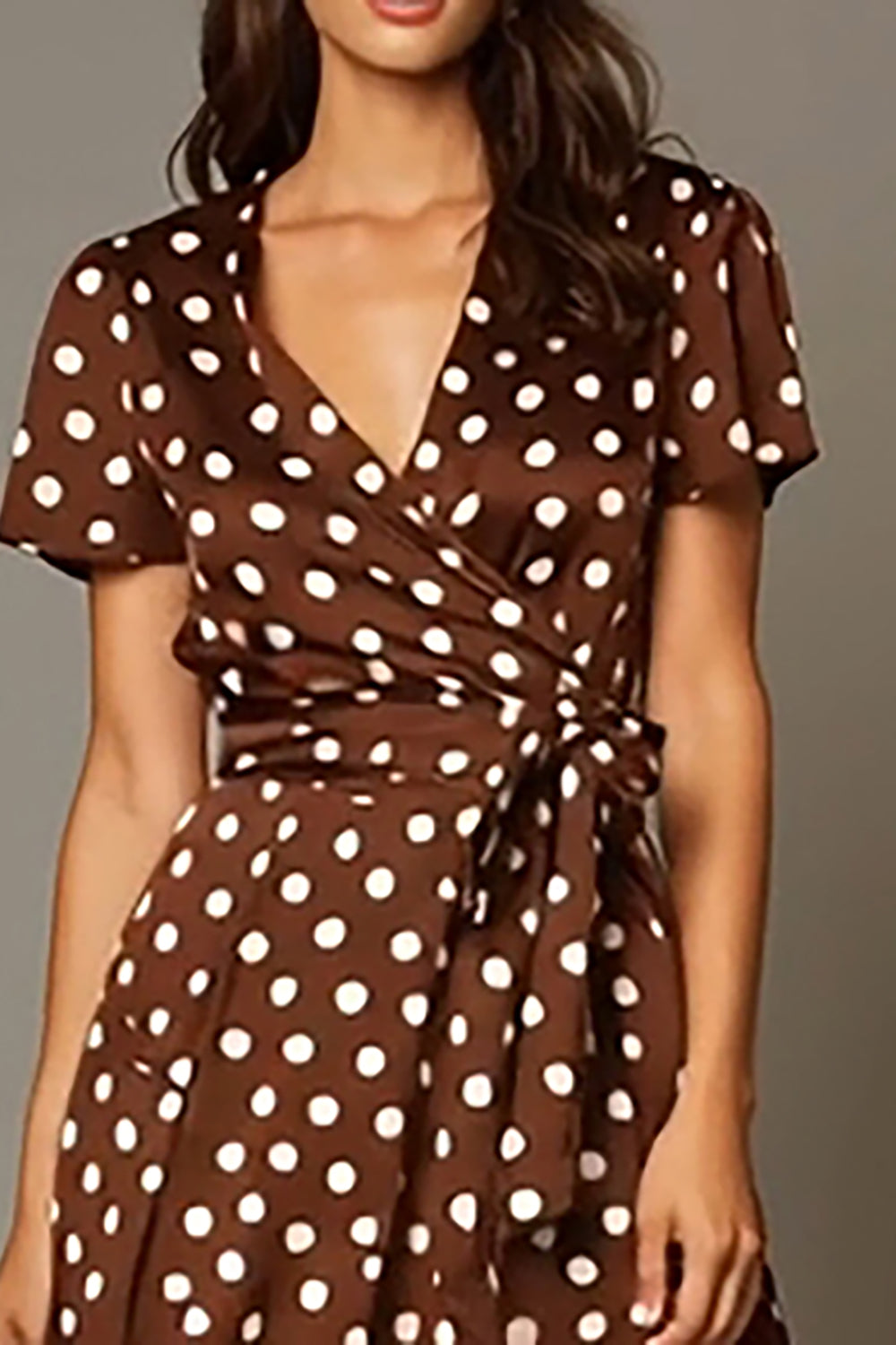 Brown Satin V-Neck A-Line Long Polka Dots Dress with Sash