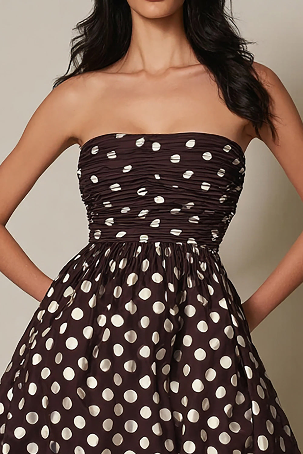Dark Brown Satin Strapless A-Line Ruched Short Polka Dots Dress