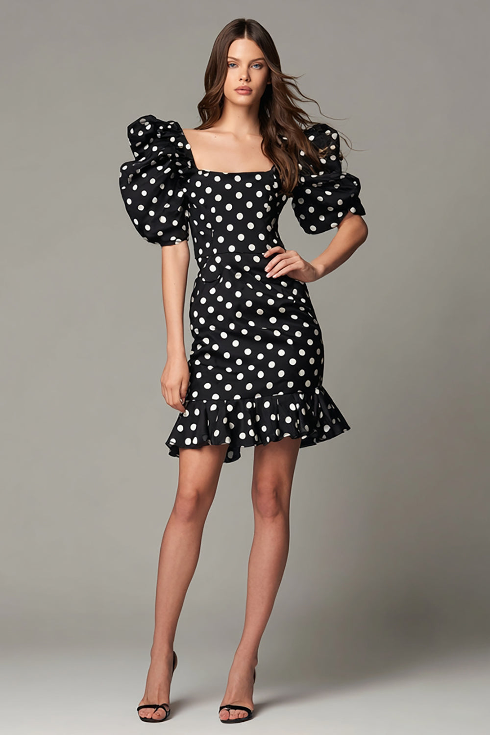 Black and White Satin Bodycon  Square Neck Puff Sleeves Short Polka Dots Dress