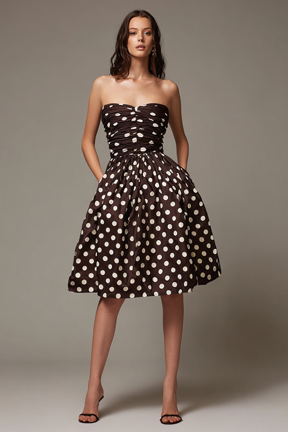 Dark Brown Satin A-Line Strapless Midi Polka Dots Dress