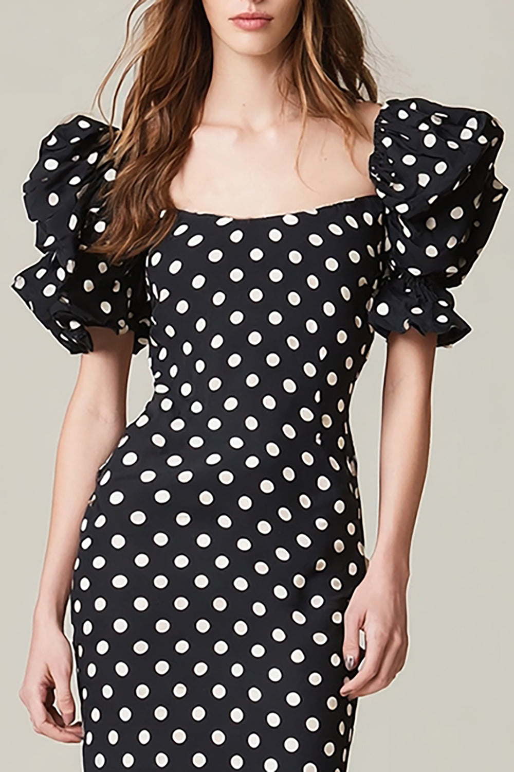 Black and White Satin Square Neck Puff Sleeves Midi Polka Dots Dress