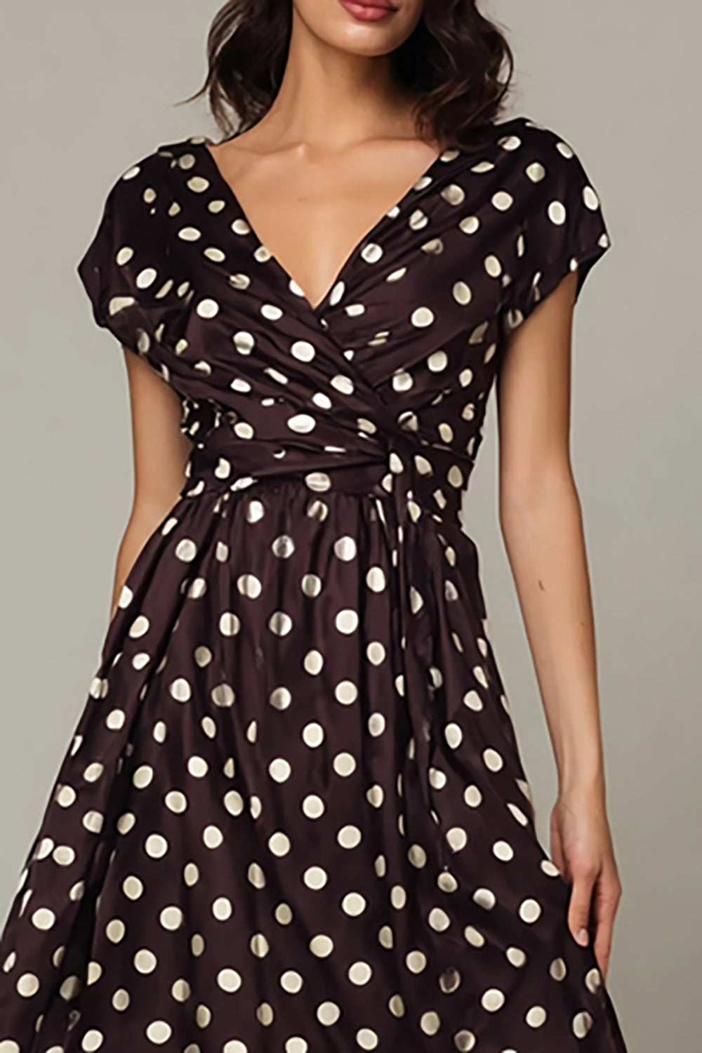 Dark Brown Satin V-Neck A-Line Long Polka Dots Dress with Sleeves