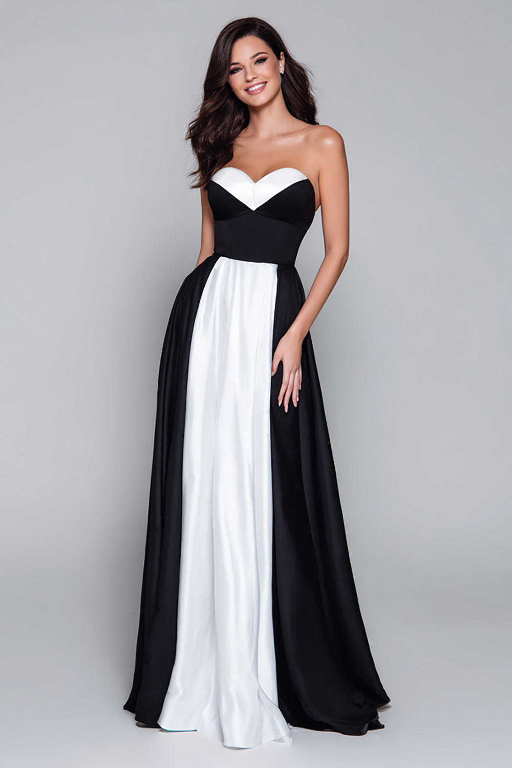 Black and White Satin Sweetheart A Line Long Evening Dress