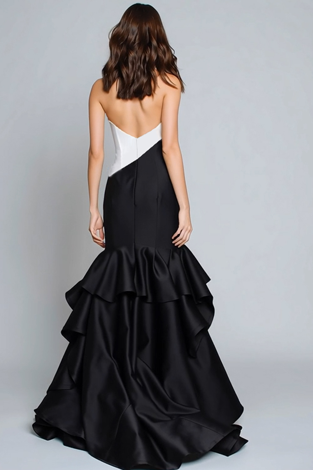 Black and White Mermaid Satin Patchwork Long Formal Dress with Ruffles