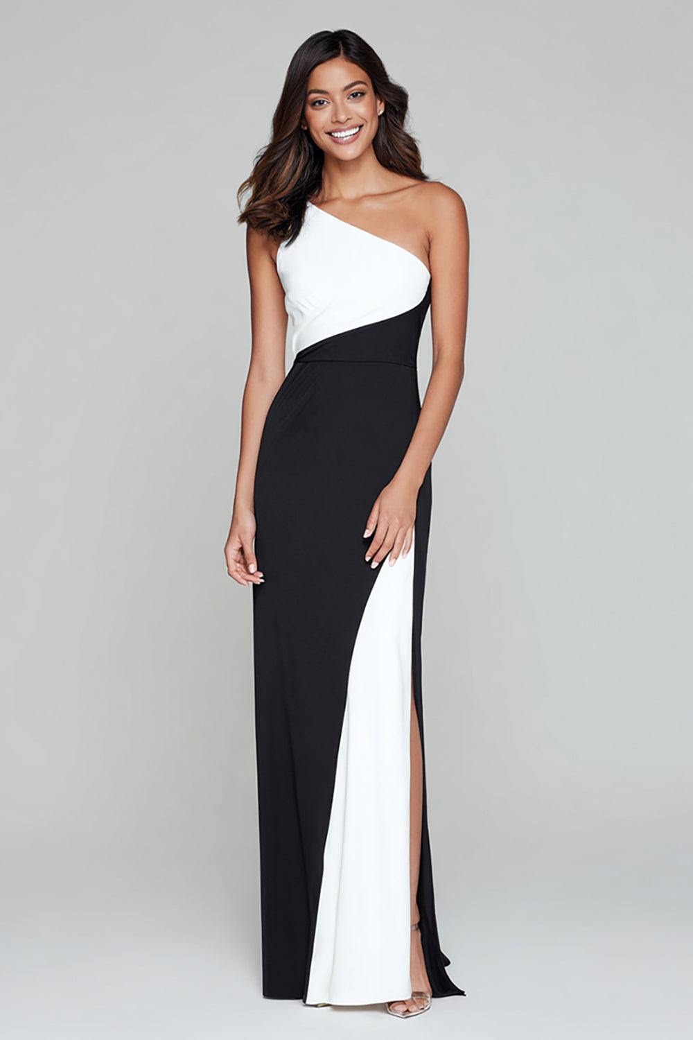 Black and White Satin One Shoulder Patchwork Long Formal Dress with Slit