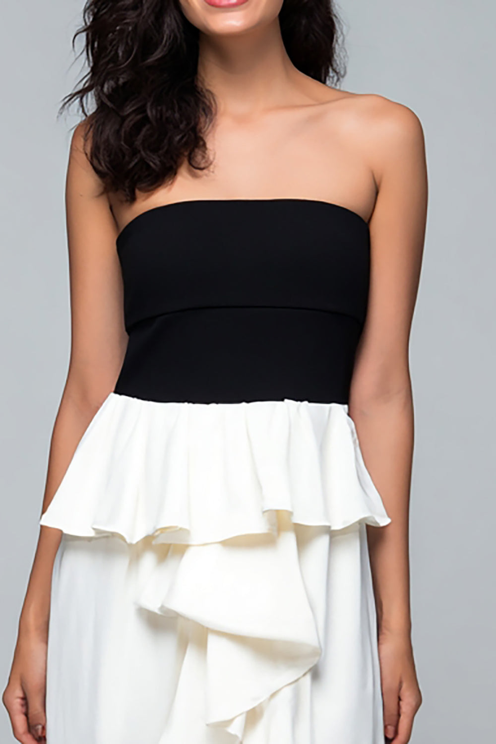 Black and White Satin Strapless High-Low Formal Dress with Ruffles