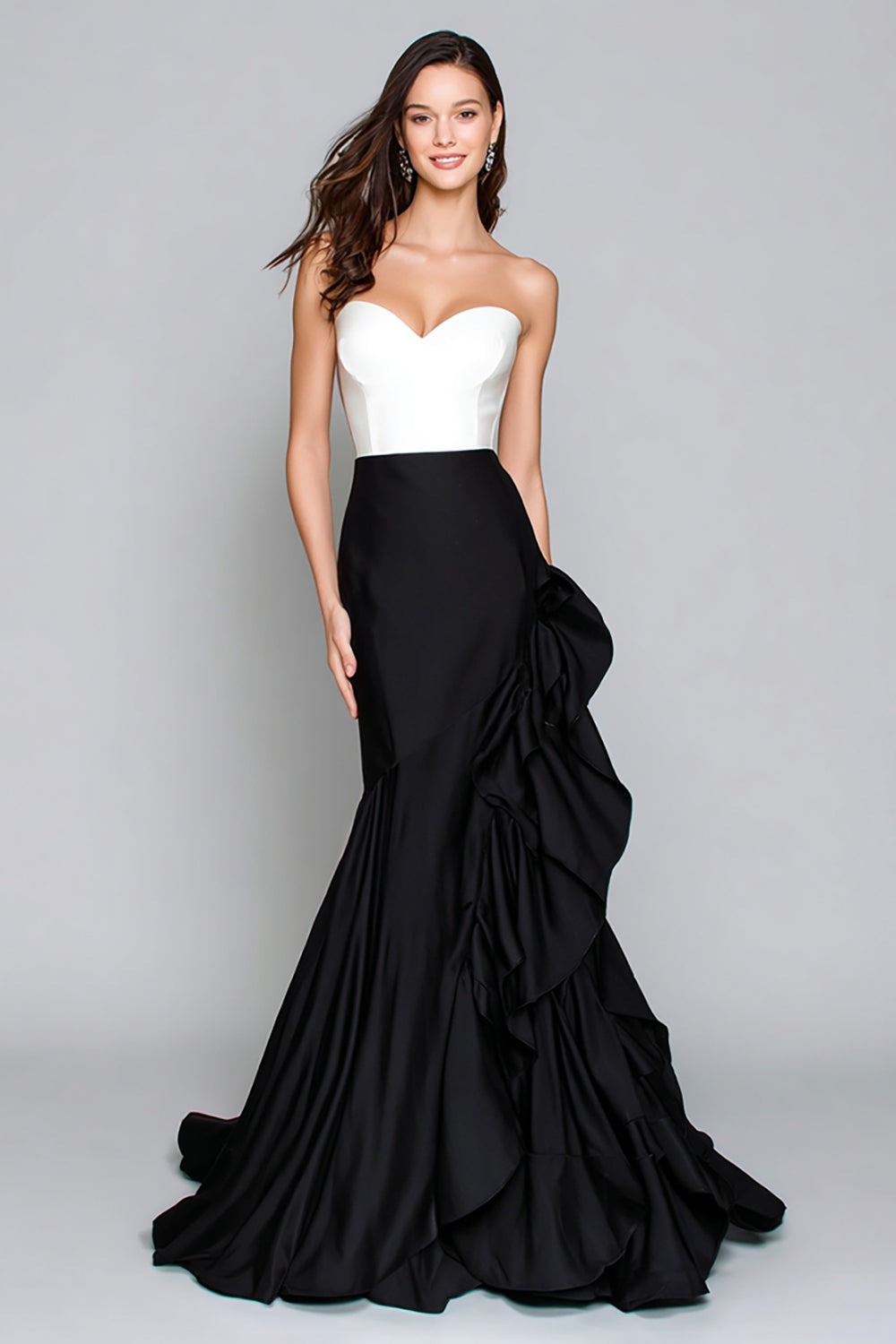 Black and White Satin Mermaid Ruffled Long Formal Dress
