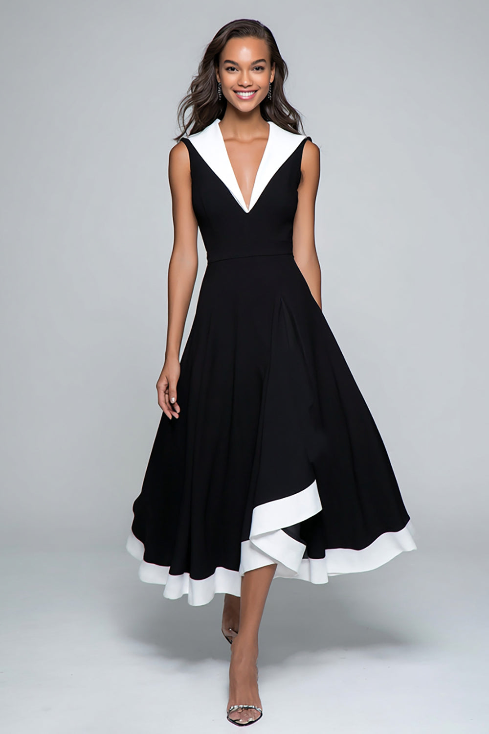Black and White Satin A Line V-Neck Midi Formal Dress with Ruffles