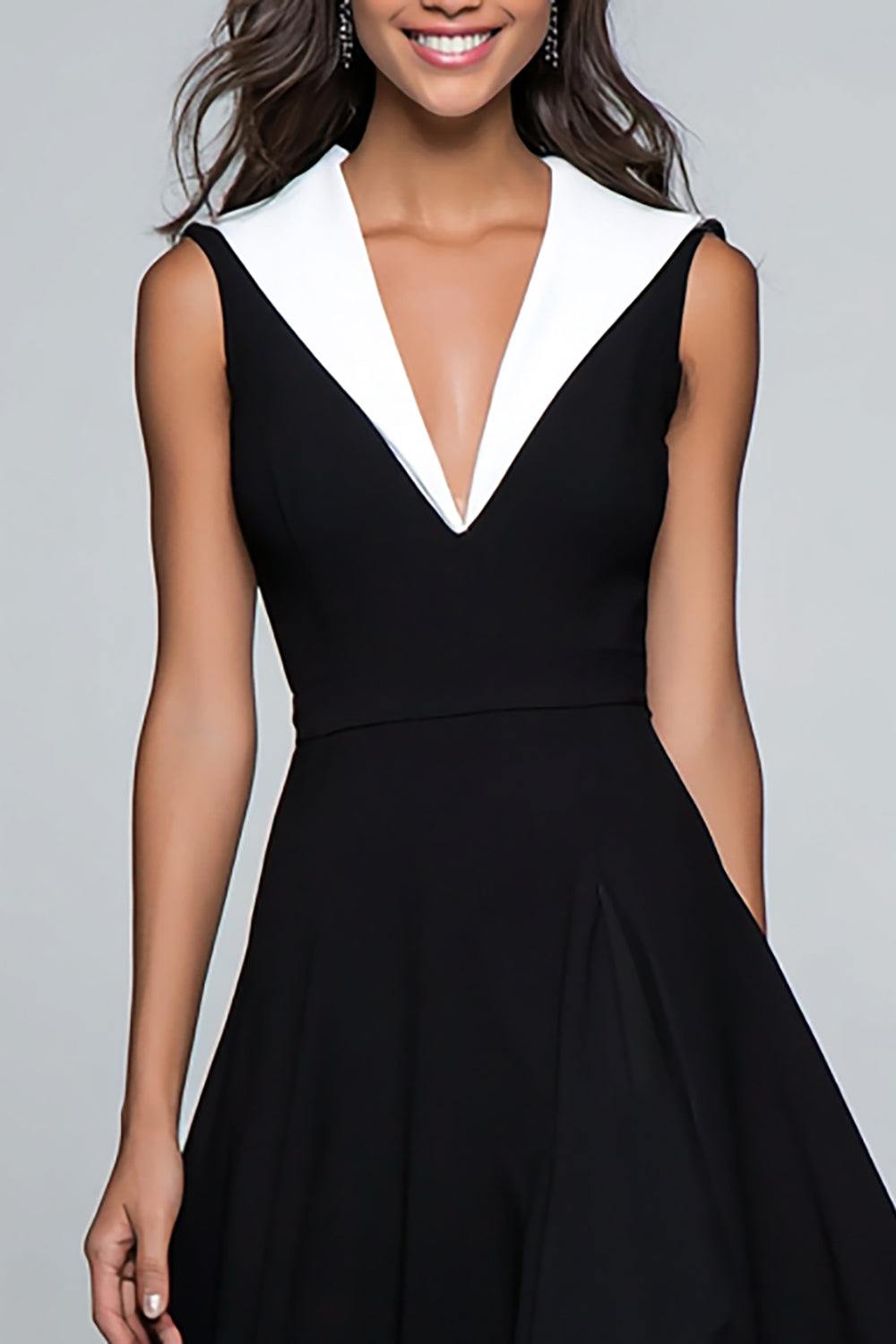 Black and White Satin A Line V-Neck Midi Formal Dress with Ruffles