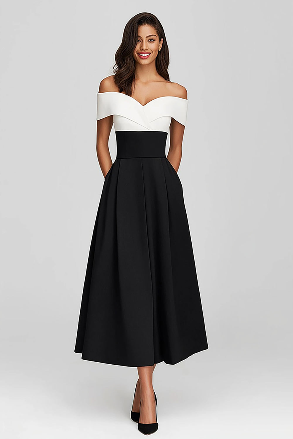 Black and White Satin Off the Shoulder A-Line Long Formal Dress