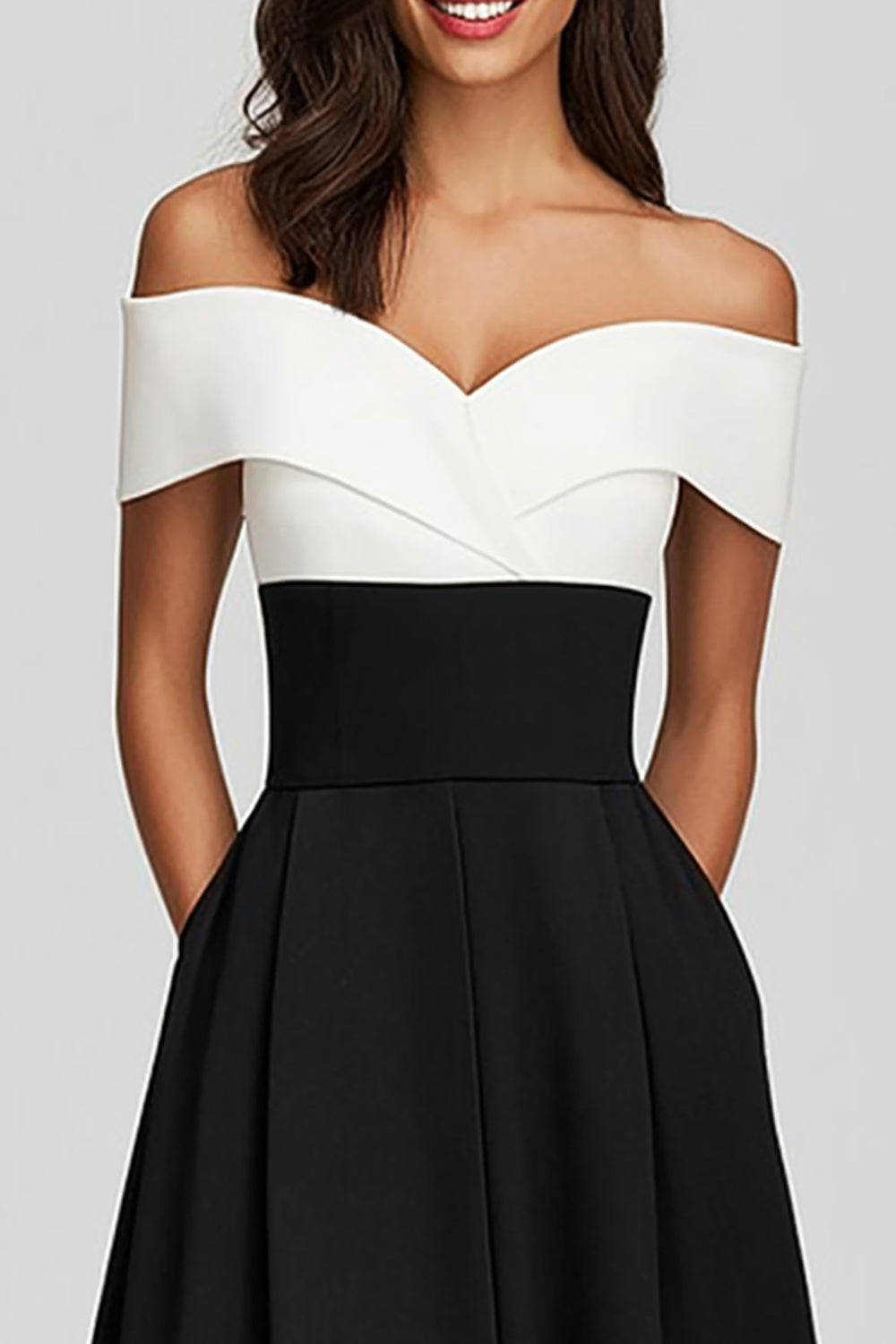 Black and White Satin Off the Shoulder A-Line Long Formal Dress