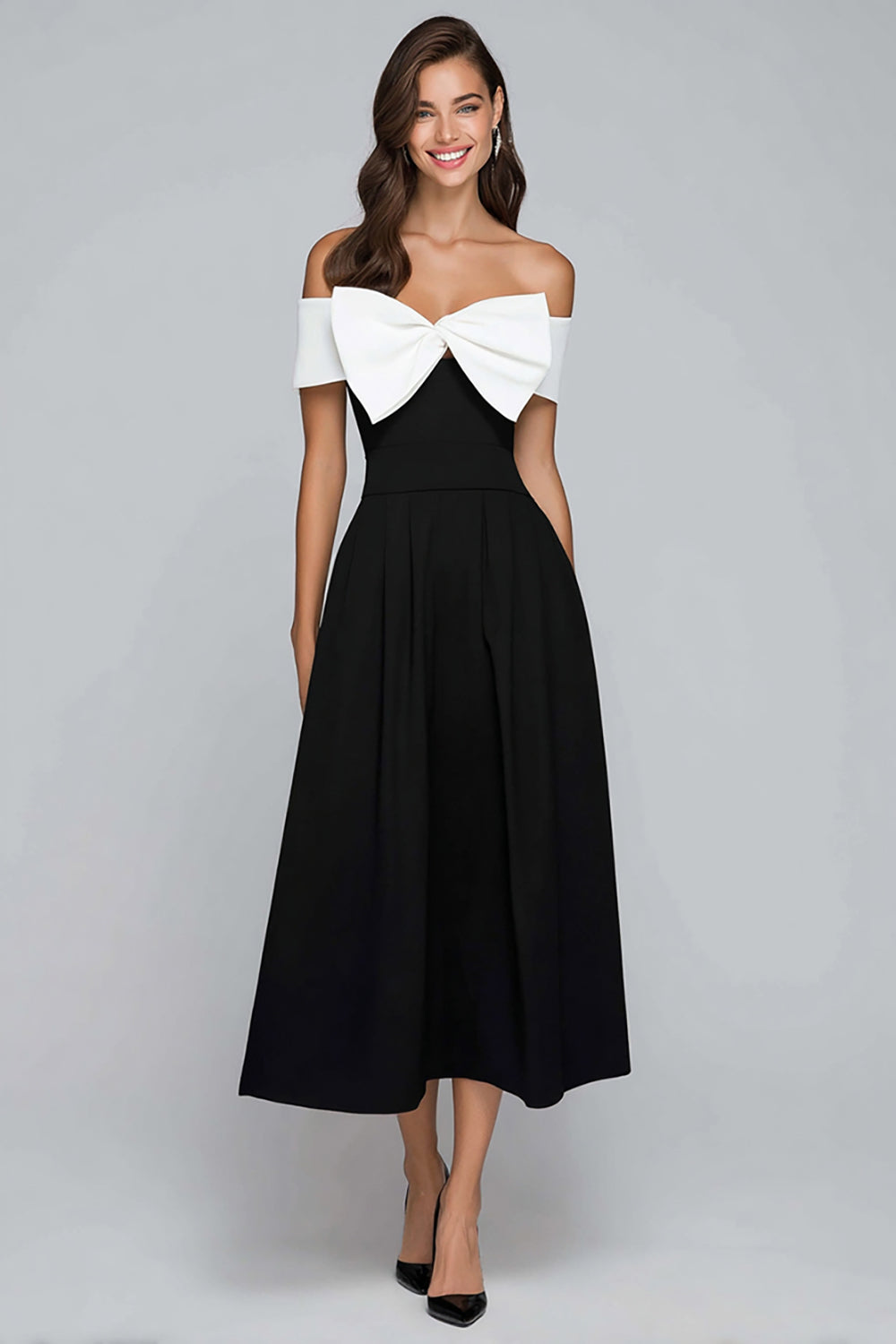 Dresstells Women Black and White Satin Long Wedding Guest Dress with Bow A Line Off the Shoulder Tea Length Formal Dress