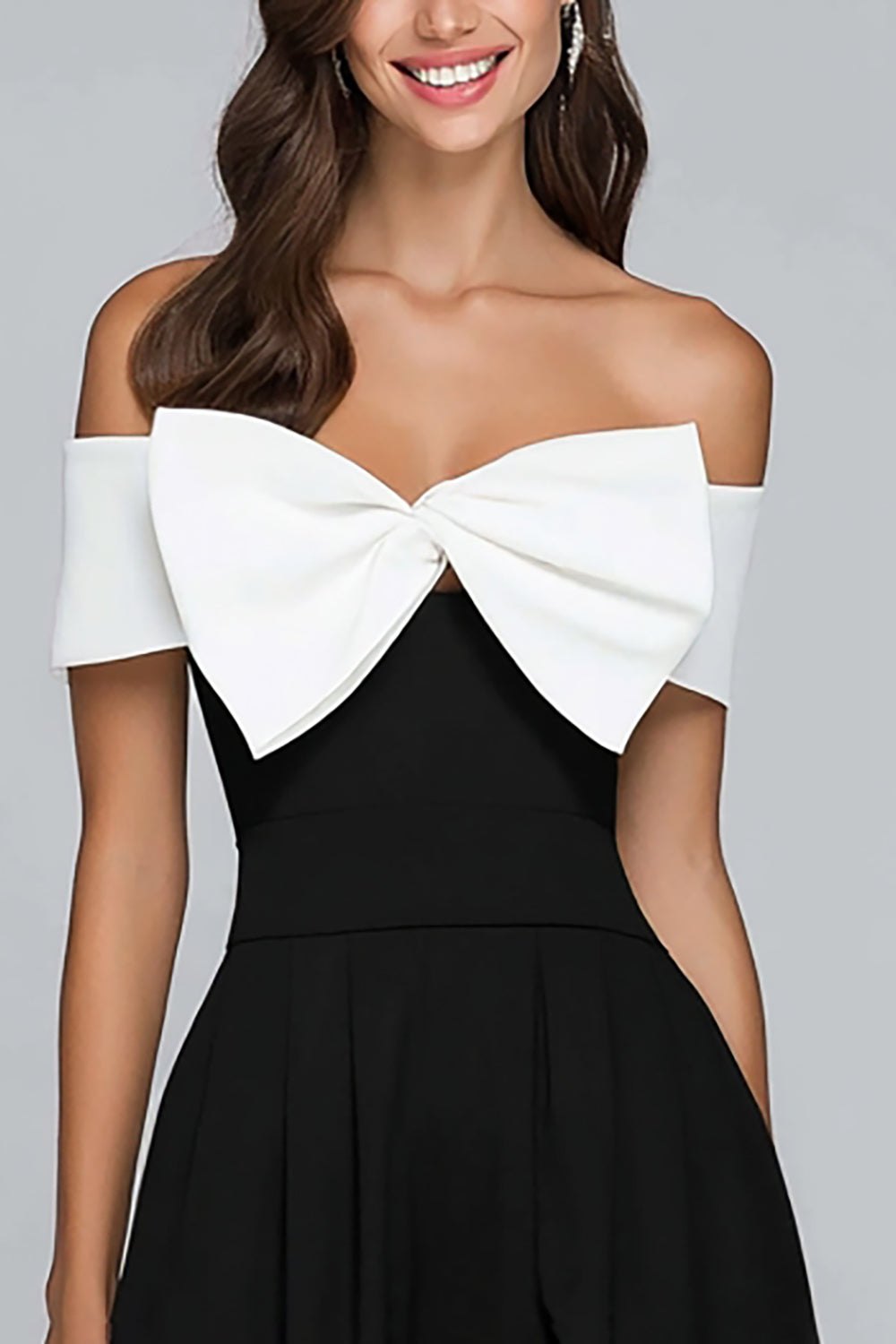 Black and White A-Line Off the Shoulder Long Formal Dress with Bow