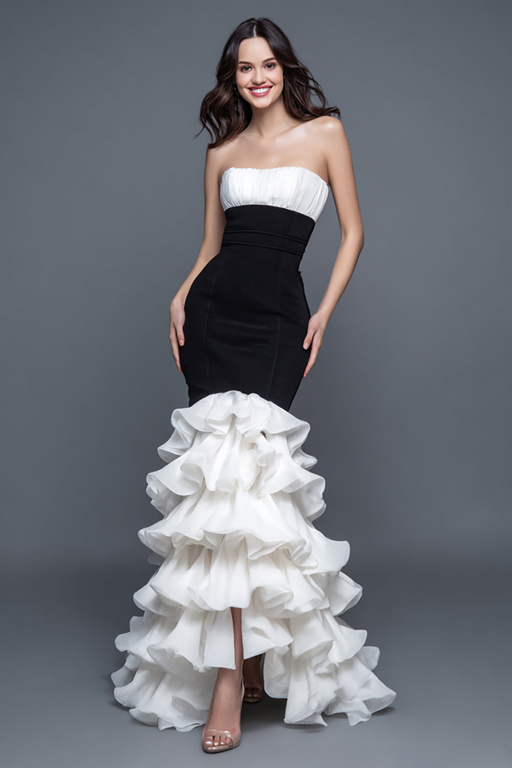 Black and White Mermaid Sweetheart Ruffled Long Evening Dress