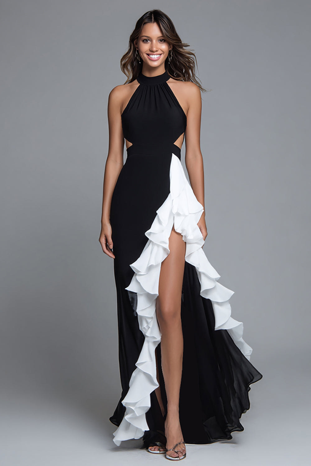 Black and White Chiffon Halter Cut-Out Long Evening Dress with Ruffles