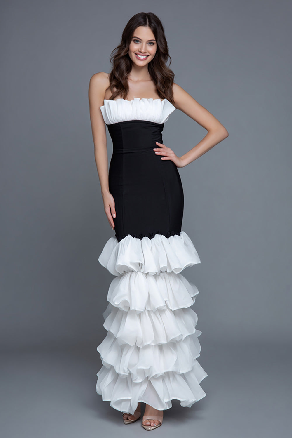 Black and White Satin Strapless Mermaid Ruffled Long Formal Dress