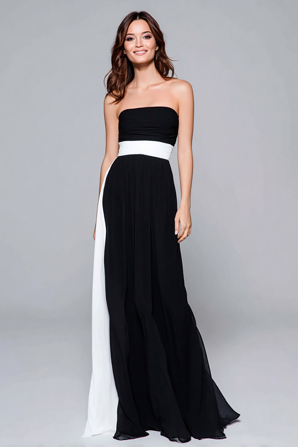 Black and White Chiffon Strapless Sheath Ruched Long Formal Dress