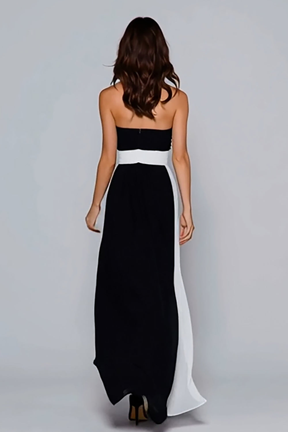 Black and White Chiffon Strapless Sheath Ruched Long Formal Dress