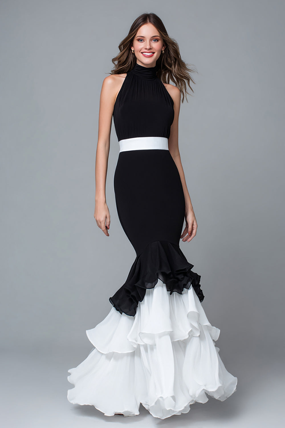 Black and White Mermaid High Neck Long Formal Dress with Ruffles