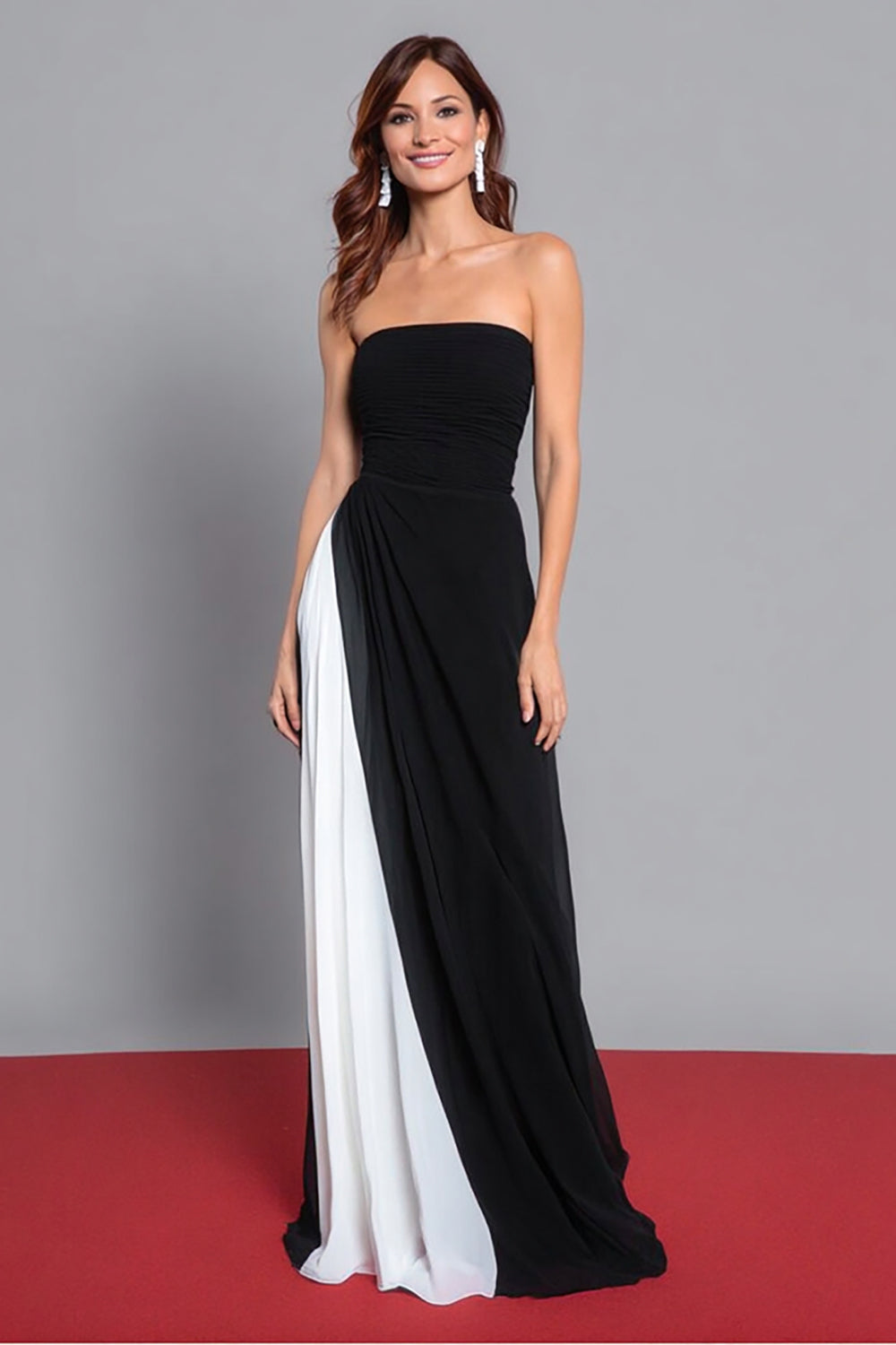 Black and White Chiffon Sheath Strapless Ruched Long Formal Dress