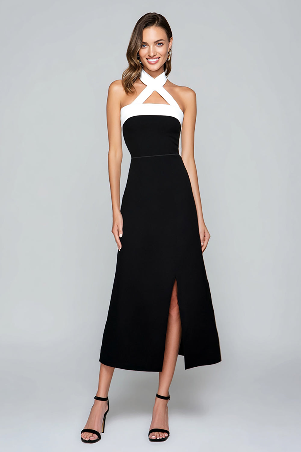 Black and White Chiffon Sheath Halter Long Formal Dress with Slit