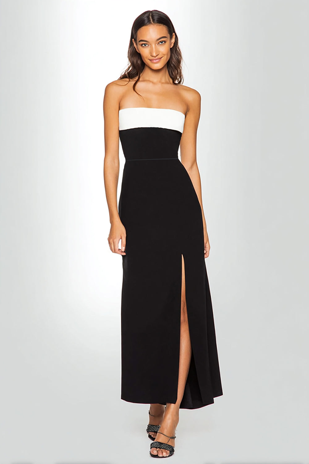 Black and White Sheath Strapless Long Formal Dress with Slit
