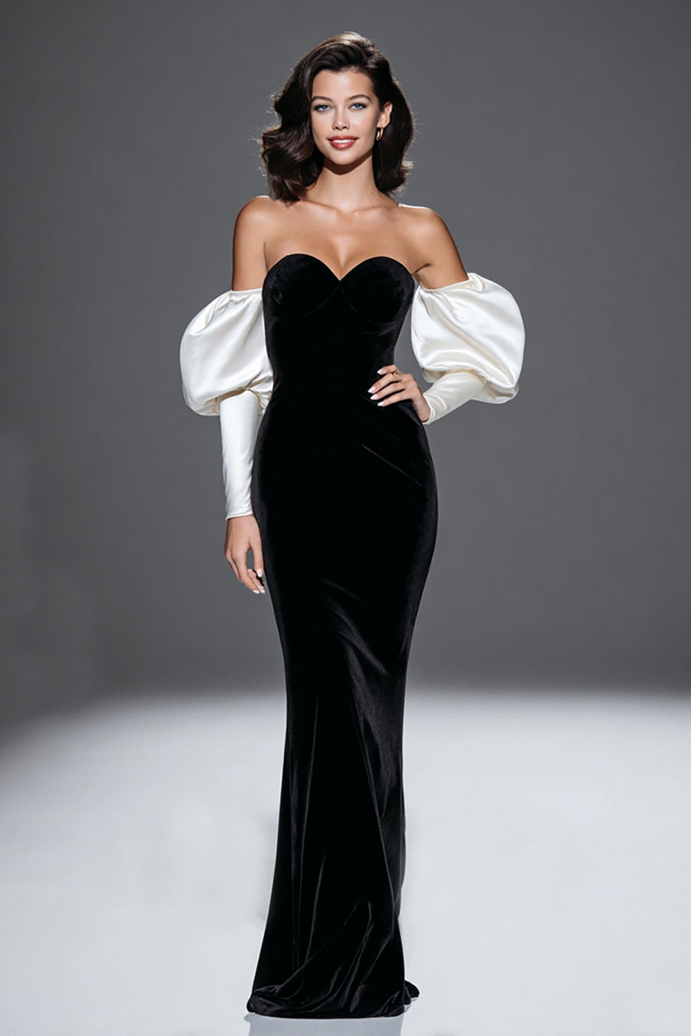 Black and White Velvet Mermaid Sweetheart Long Formal Dress with Sleeves