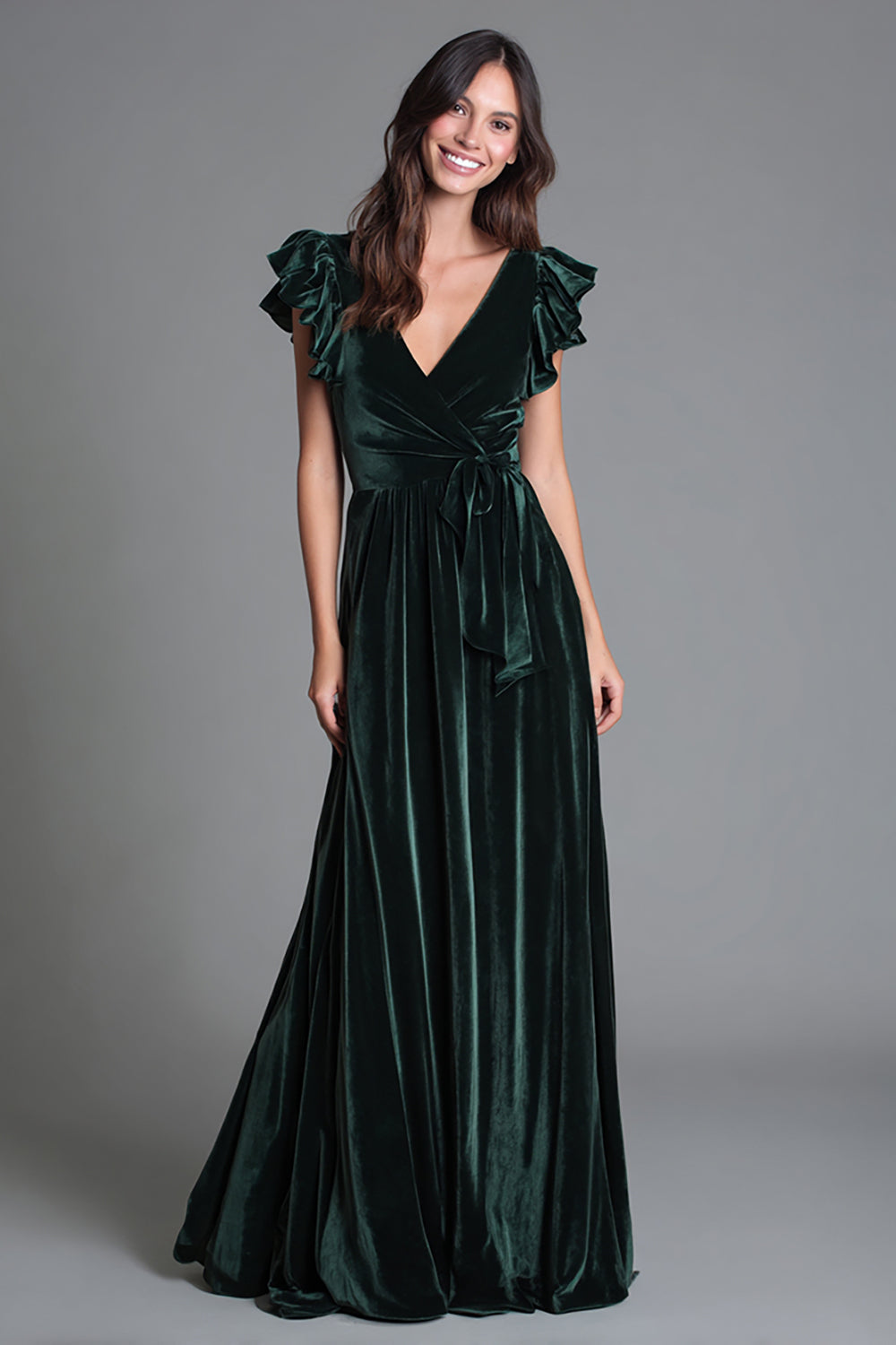 Dark Green Velvet V-Neck A-Line Long Holiday Party Dress with Ruffles