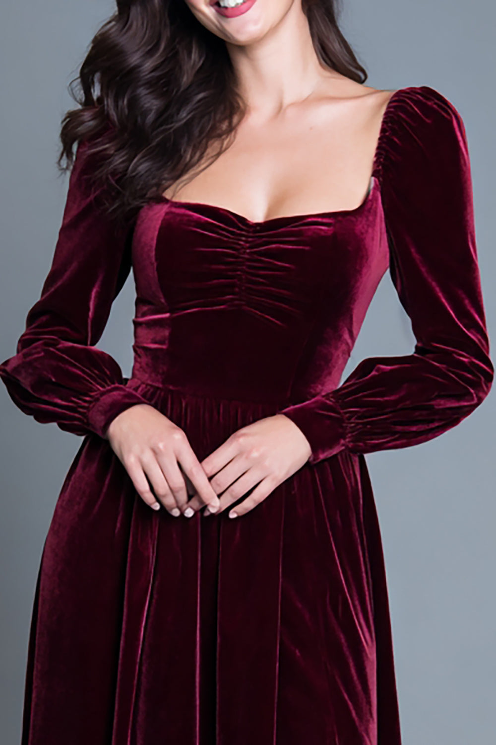 Burgundy A-Line Velvet Long Sleeves Holiday Party Dress with Slit