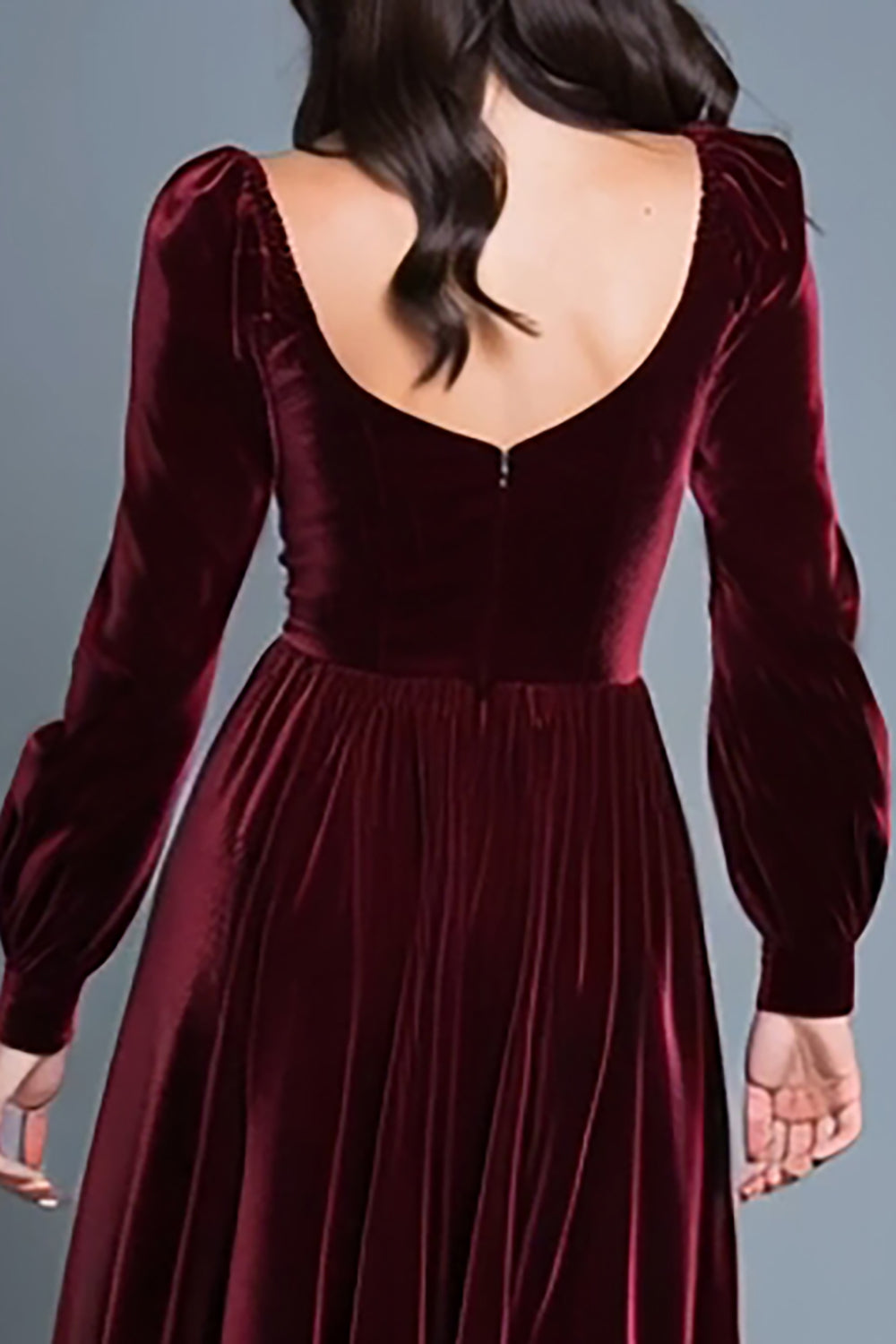 Burgundy A-Line Velvet Long Sleeves Holiday Party Dress with Slit