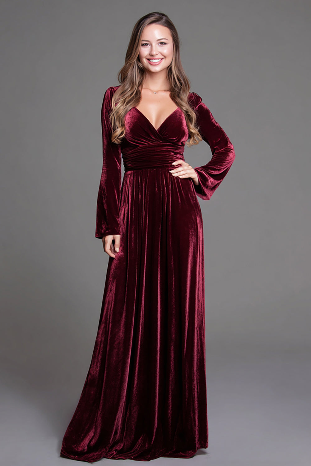 Dresstells Women Burgundy Velvet Long Sleeves Holiday Party Dress A-Line V-Neck Wedding Guest Dress