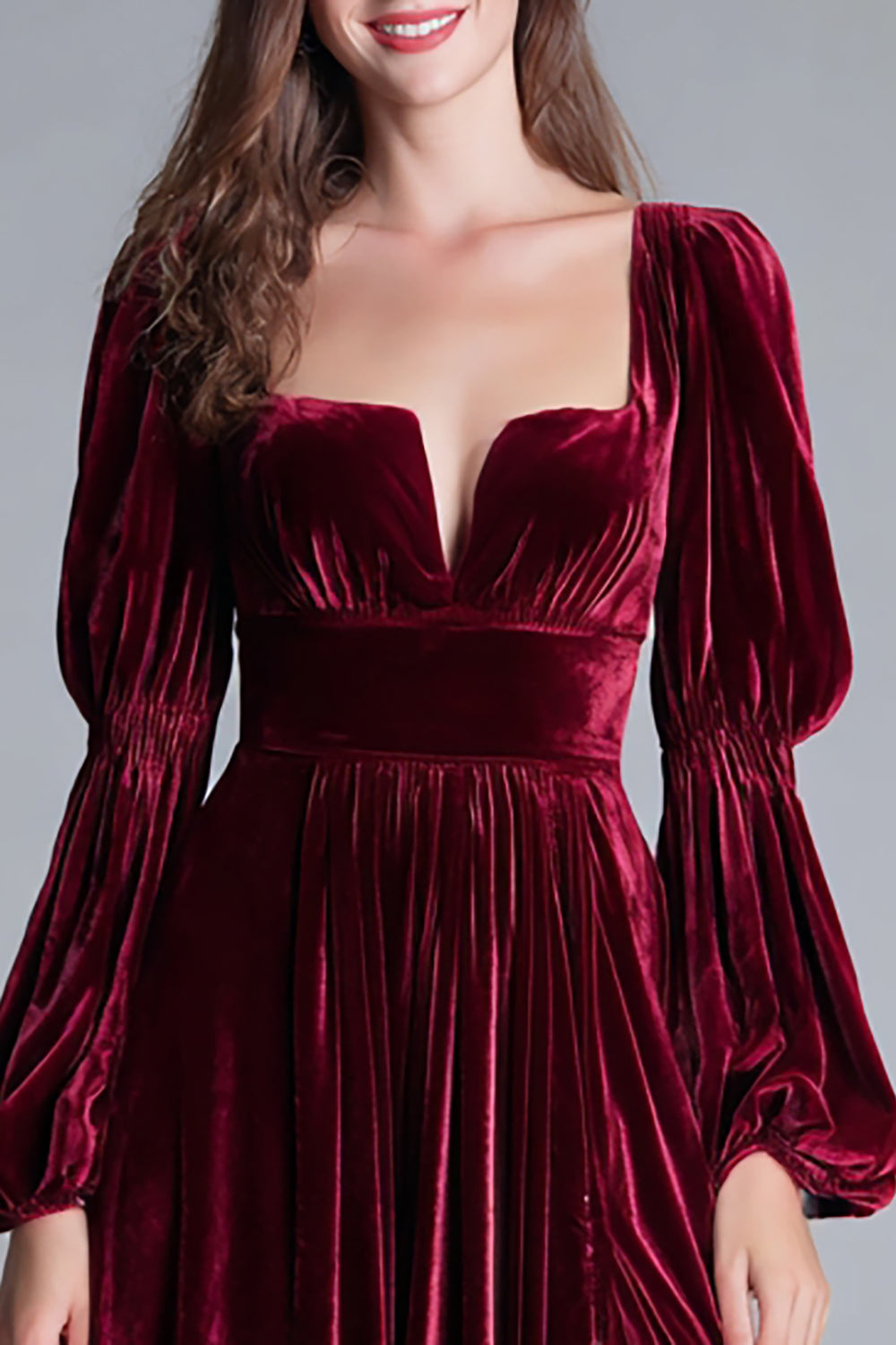 Burgundy Velvet A-Line Puff Sleeves Long Holiday Party Dress with Slit
