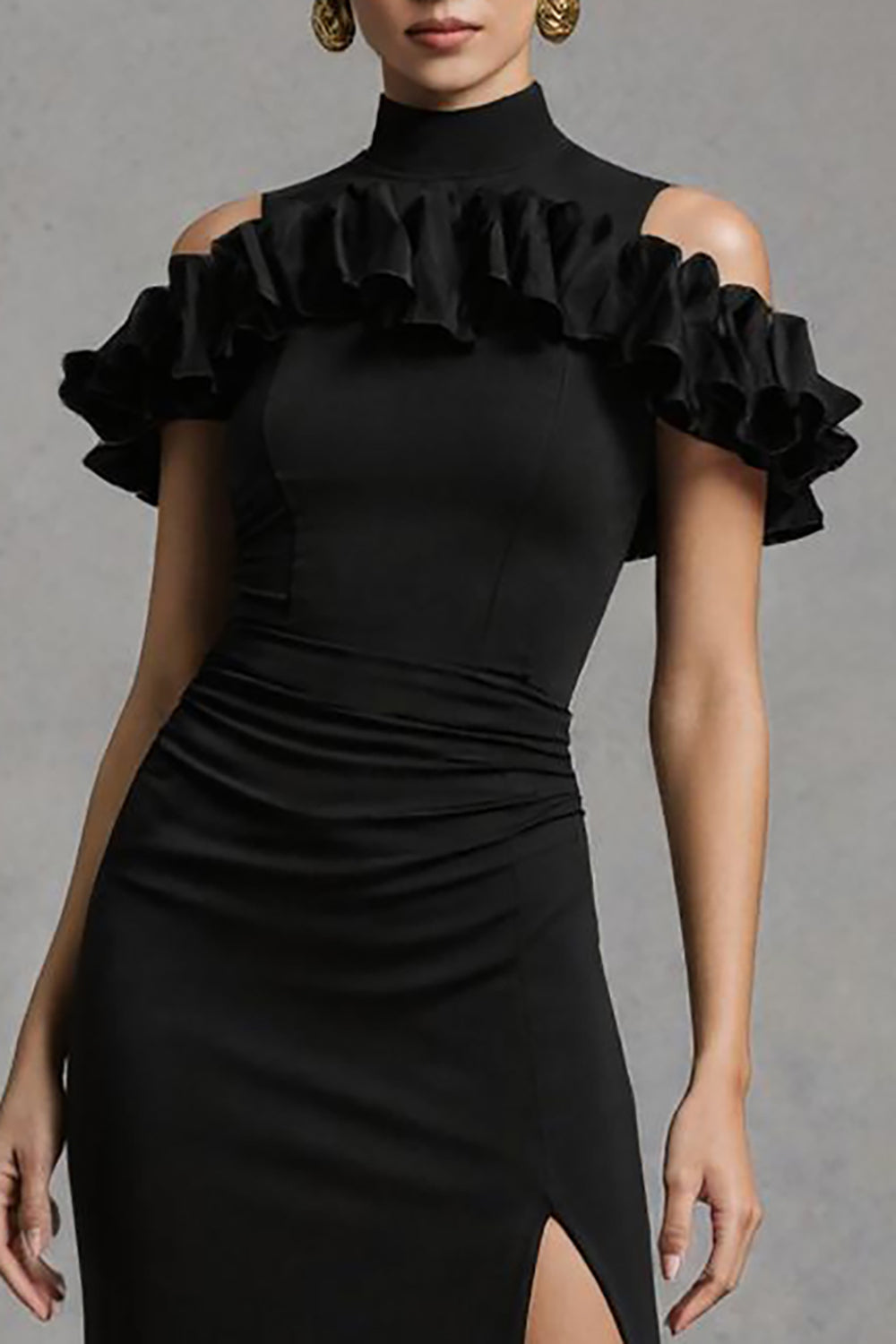 Black High Neck Mermaid Satin Long Holiday Party Dress with Ruffles