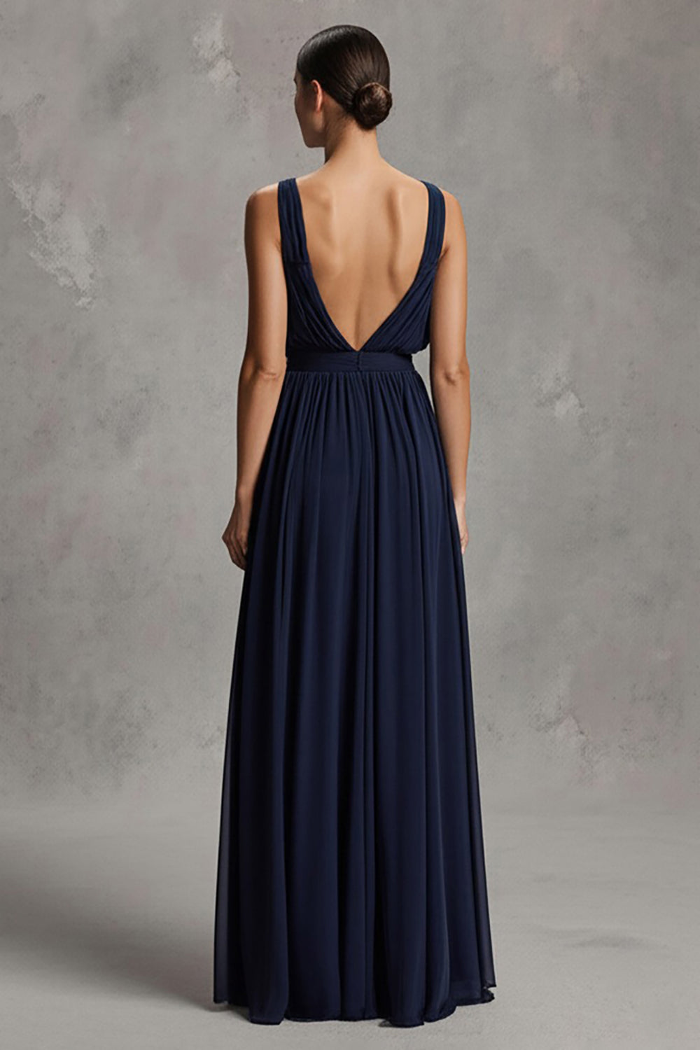 Navy Deep V-Neck Chiffon Sheath Long Holiday Party Dress with Slit