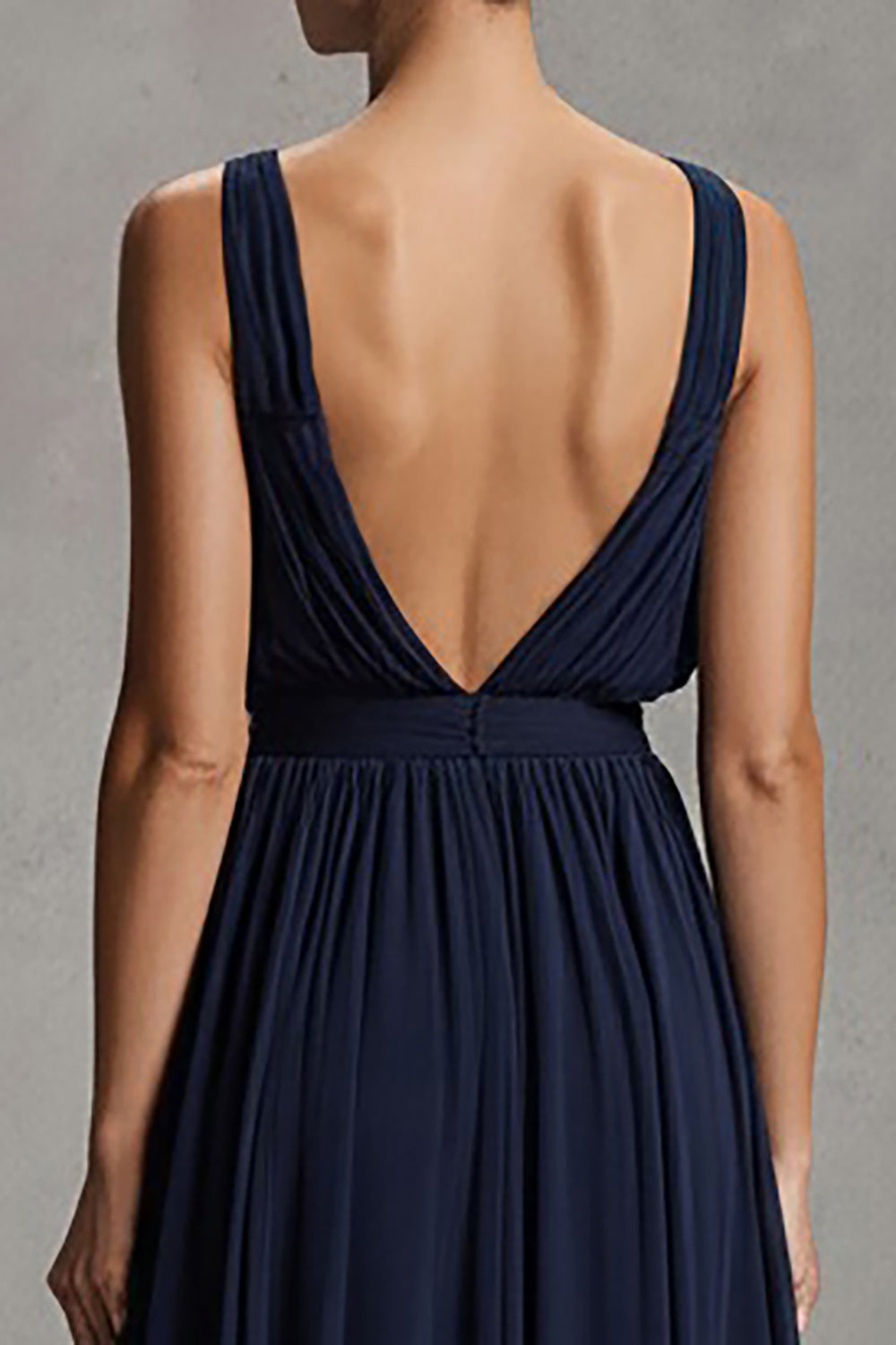 Navy Deep V-Neck Chiffon Sheath Long Holiday Party Dress with Slit