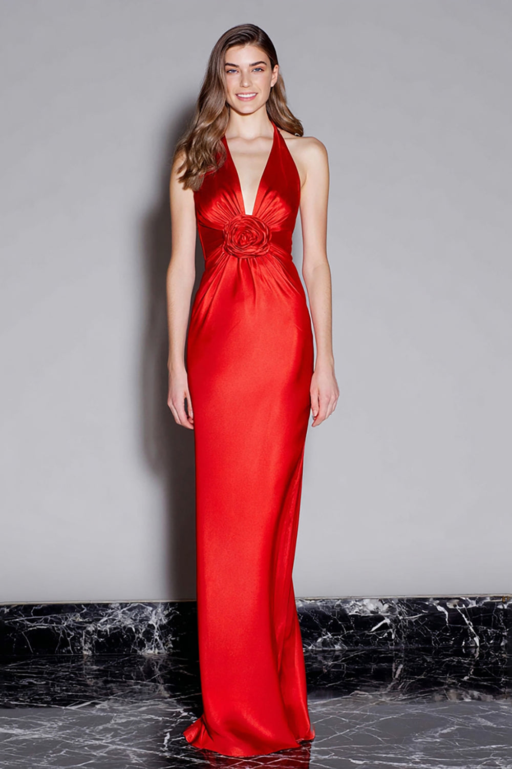 Red Satin Mermaid Halter Long Holiday Party Dress with 3D Flower