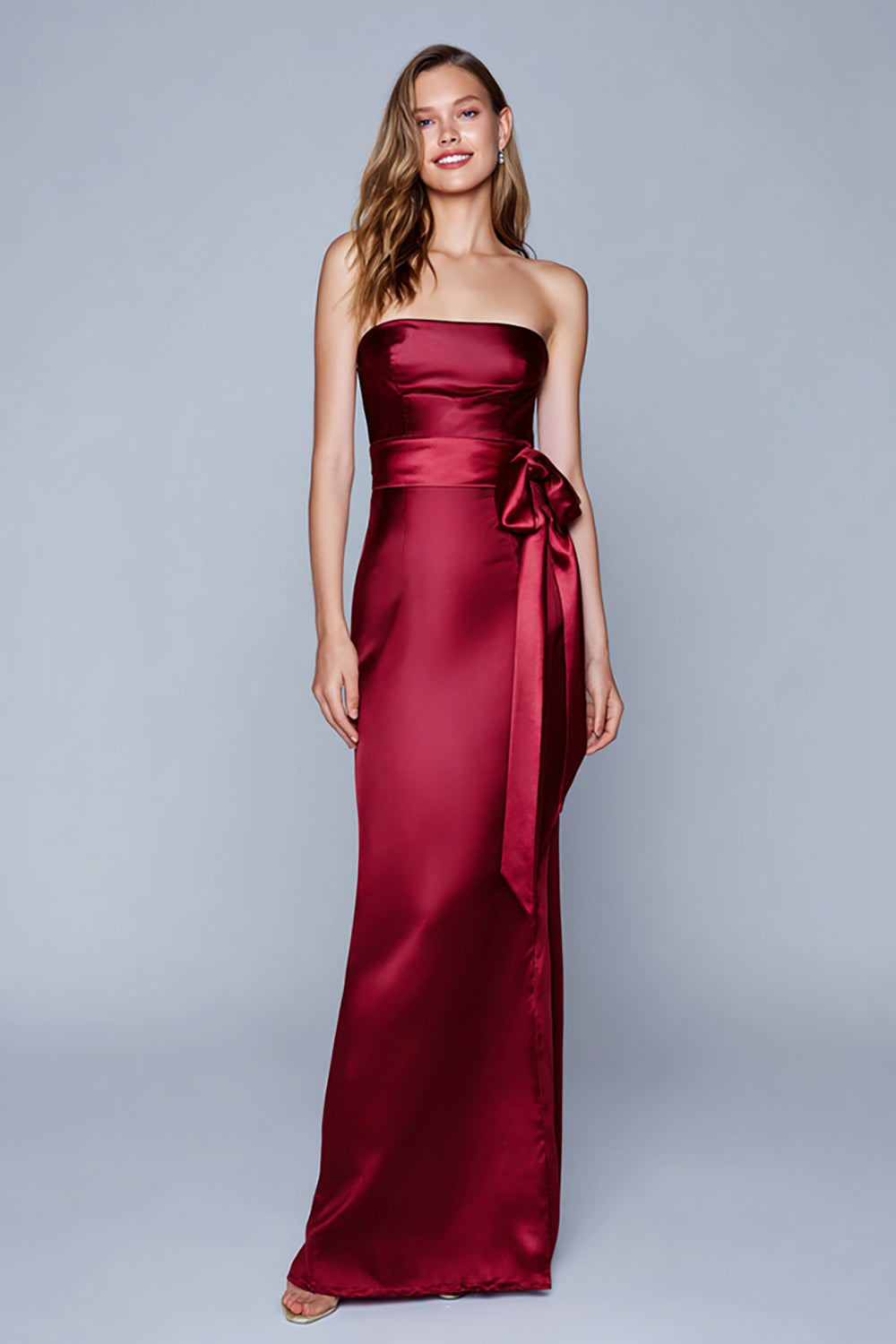 Burgundy Satin Strapless Mermaid Long Formal Dress with Bow