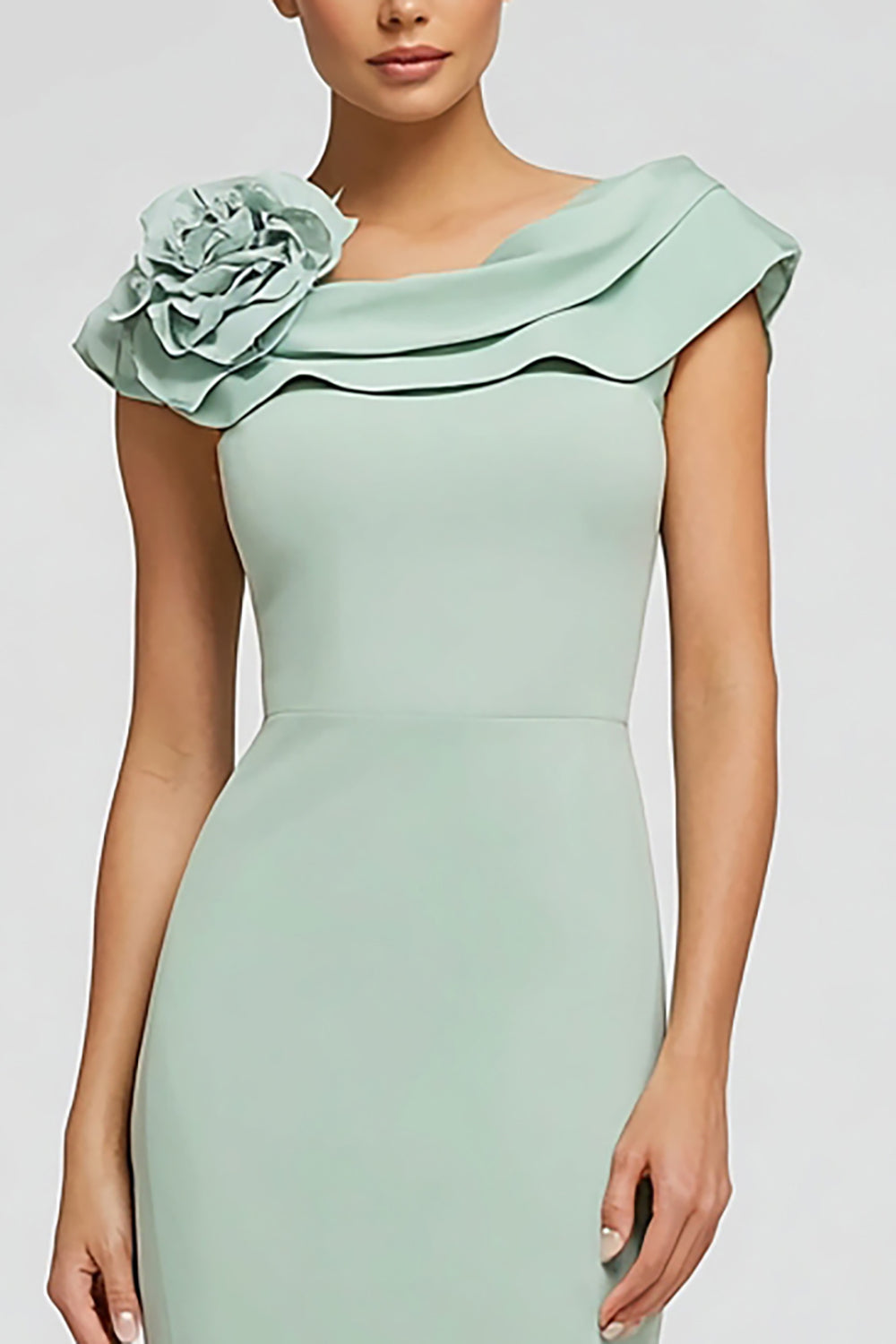 Mint Green Crepe Boat Neck Mermaid Long Holiday Party Dress with 3D Flower