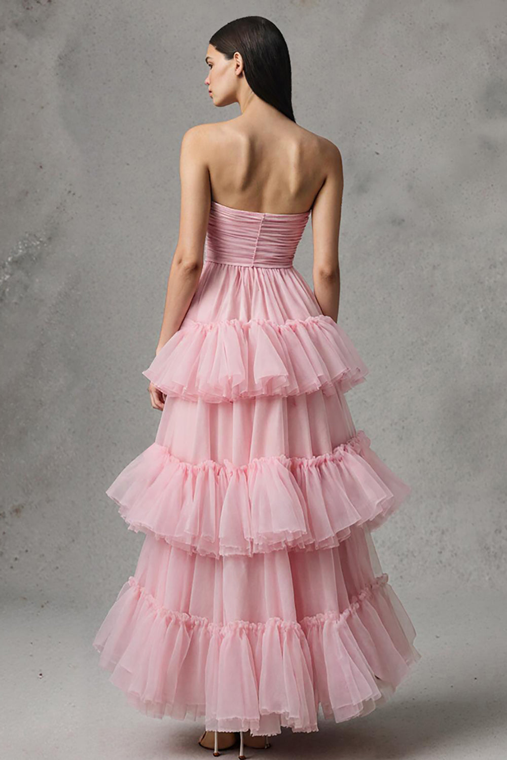 Pink A-Line Tulle Strapless Tiered Long Pageant Dress with Ruffles