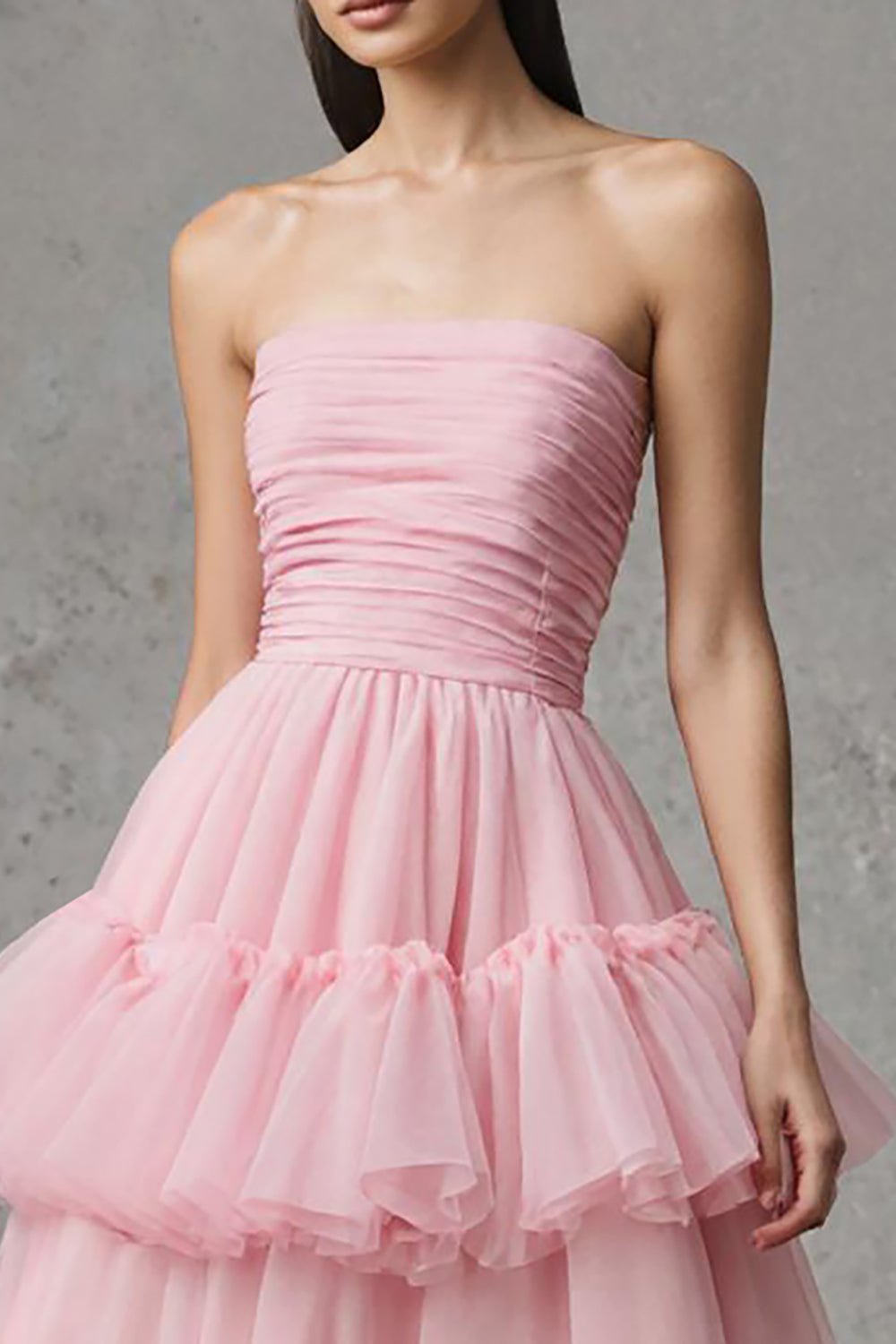 Pink A-Line Tulle Strapless Tiered Long Pageant Dress with Ruffles