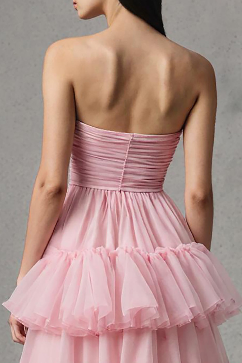 Pink A-Line Tulle Strapless Tiered Long Pageant Dress with Ruffles