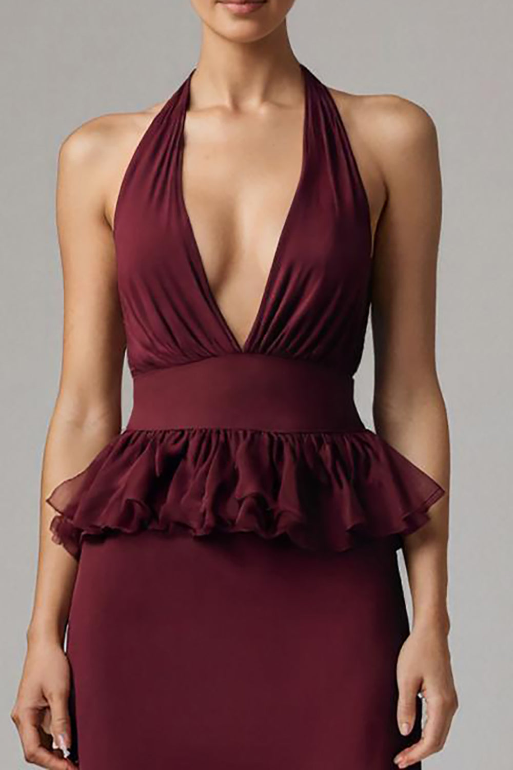 Burgundy Chiffon Halter Sheath Long Holiday Party Dress with Ruffles