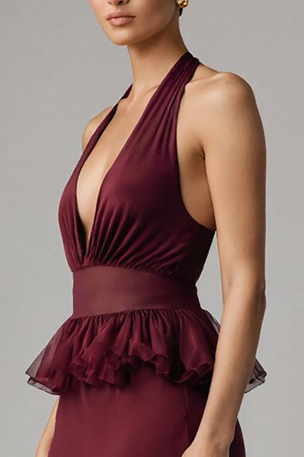 Burgundy Chiffon Halter Sheath Long Holiday Party Dress with Ruffles