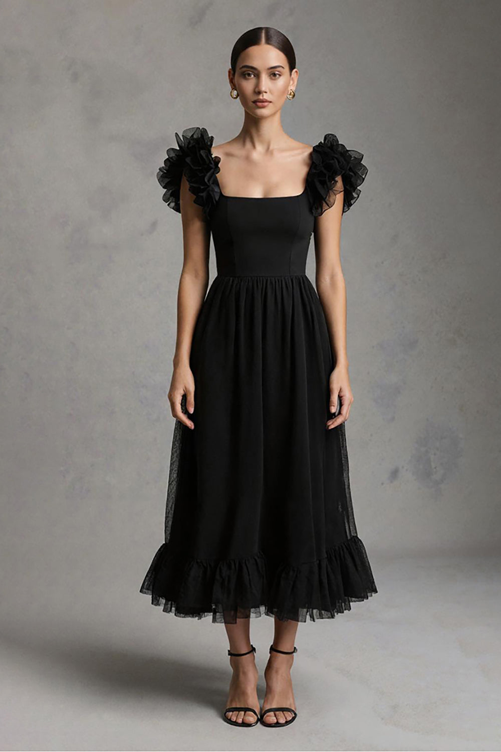 Black Tulle Square Neck A-Line Long Holiday Party Dress with Ruffles