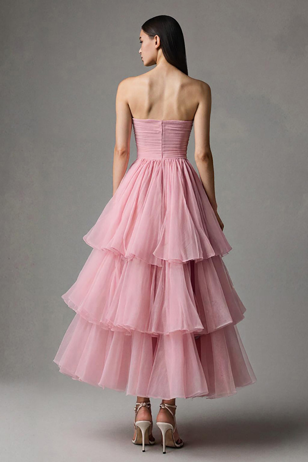 Pink Tulle Strapless A-Line Ruffled Tiered Long Pageant Dress