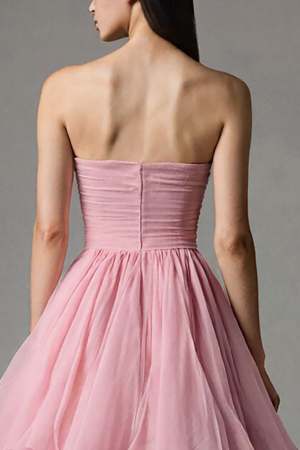 Pink Tulle Strapless A-Line Ruffled Tiered Long Pageant Dress