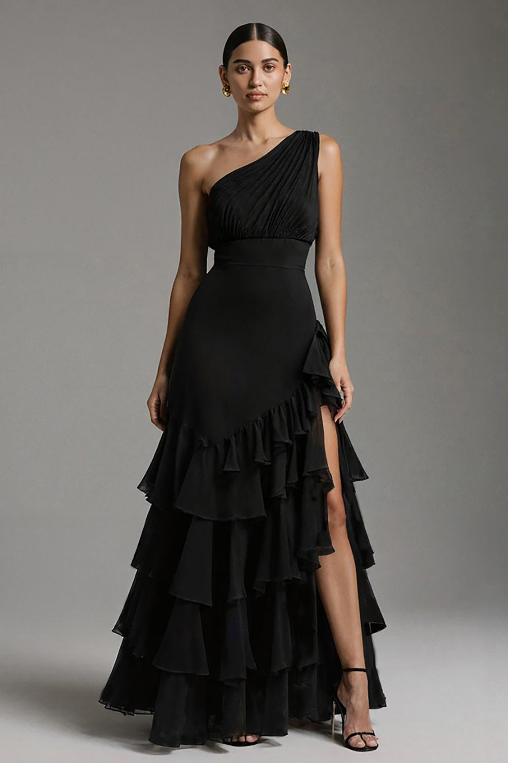 Black Chiffon One Shoulder A-Line Ruffled Long Holiday Party Dress with Slit