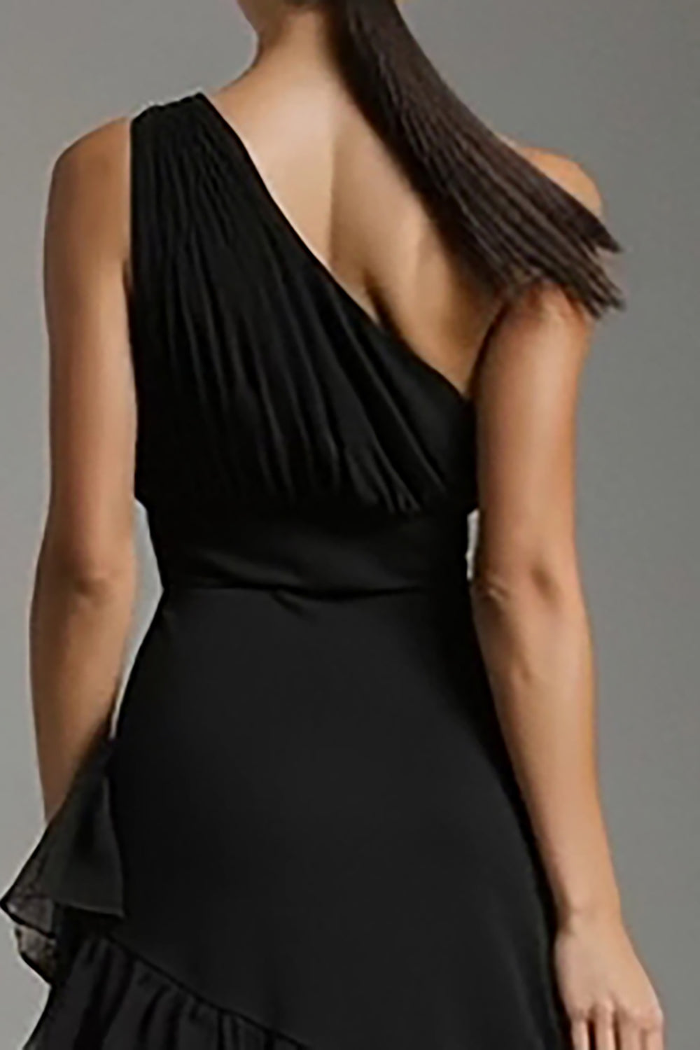 Black Chiffon One Shoulder A-Line Ruffled Long Holiday Party Dress with Slit