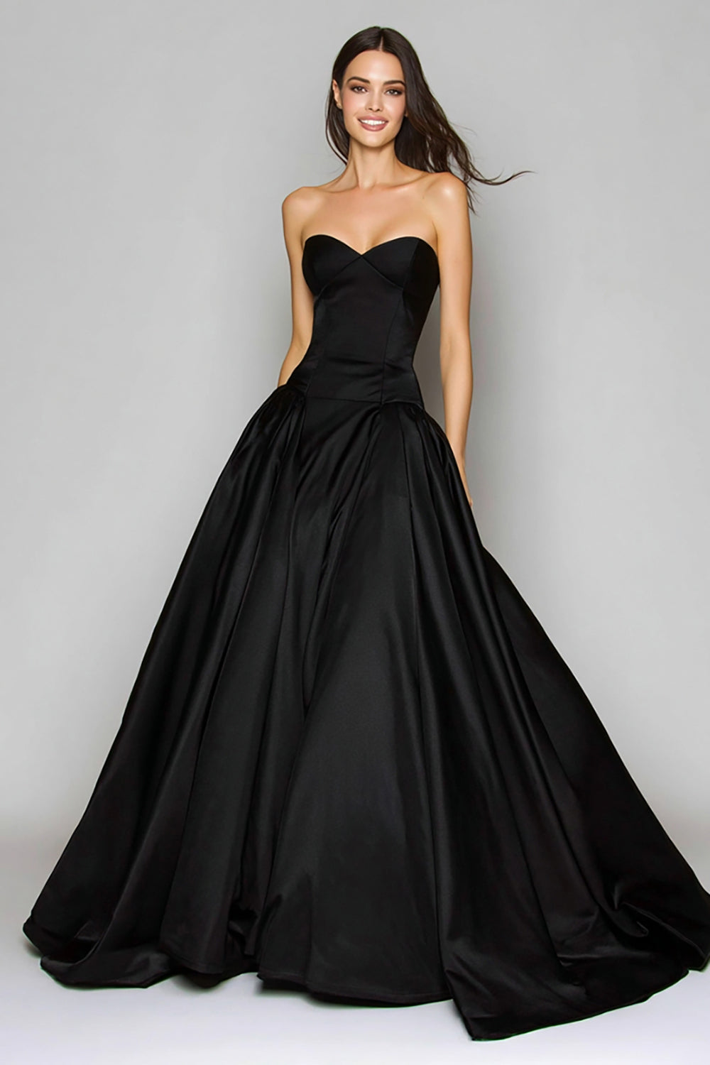 Black Satin A-Line Sweetehart Strapless Long Holiday Party Dress